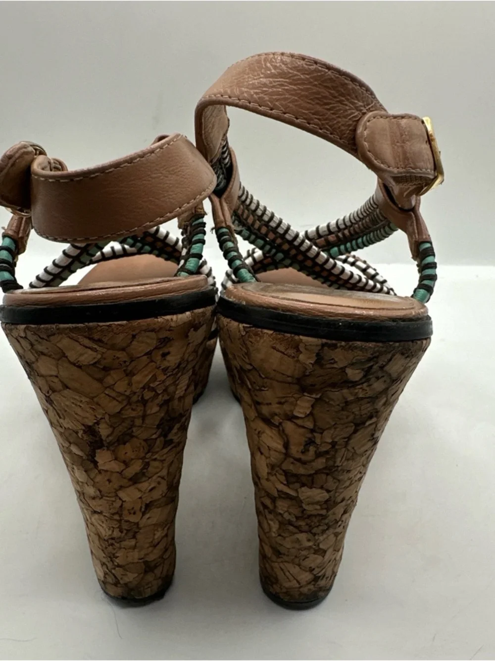 Donald J. Pliner Cork Wedge Sandals Turquoise White & Black Straps Sz 7 1/2
